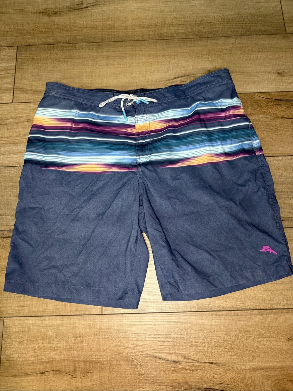 Men's Navy Swim Trunks with Multicolor Stripe Waistband